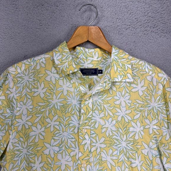 Vineyard Vines Mens Dockside Floral Linen Shirt Medium Yellow Blue Button Up NEW